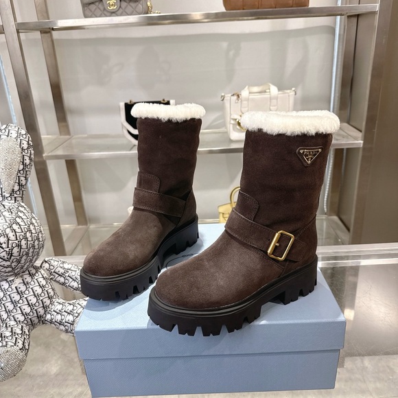 Prada Shoes - Prada Women's Dark Brown Winter Boots with White Trim